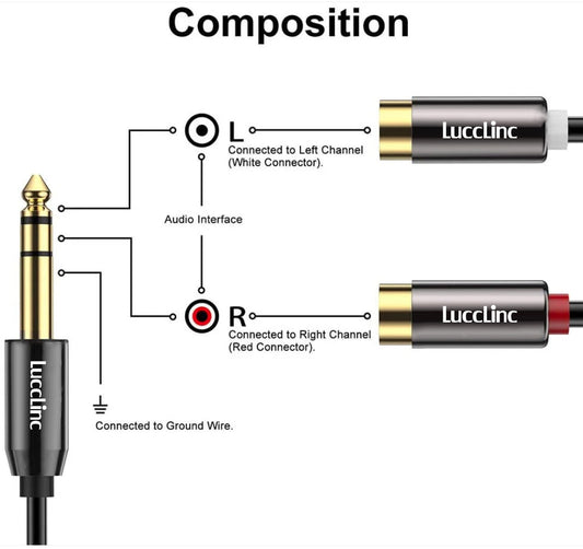6.35 mm 1/4 inch TRS to 2 RCA M/F Stereo Audio Speaker Cable