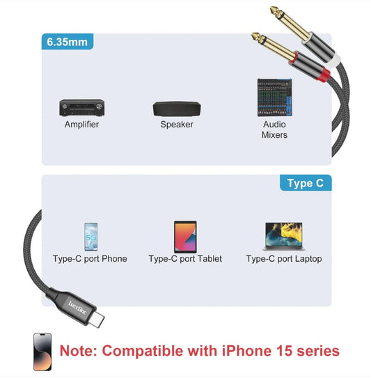 USB Type C to Dual 6.35mm Stereo Splitter Y Cable - 1/4 Inch TS Audio