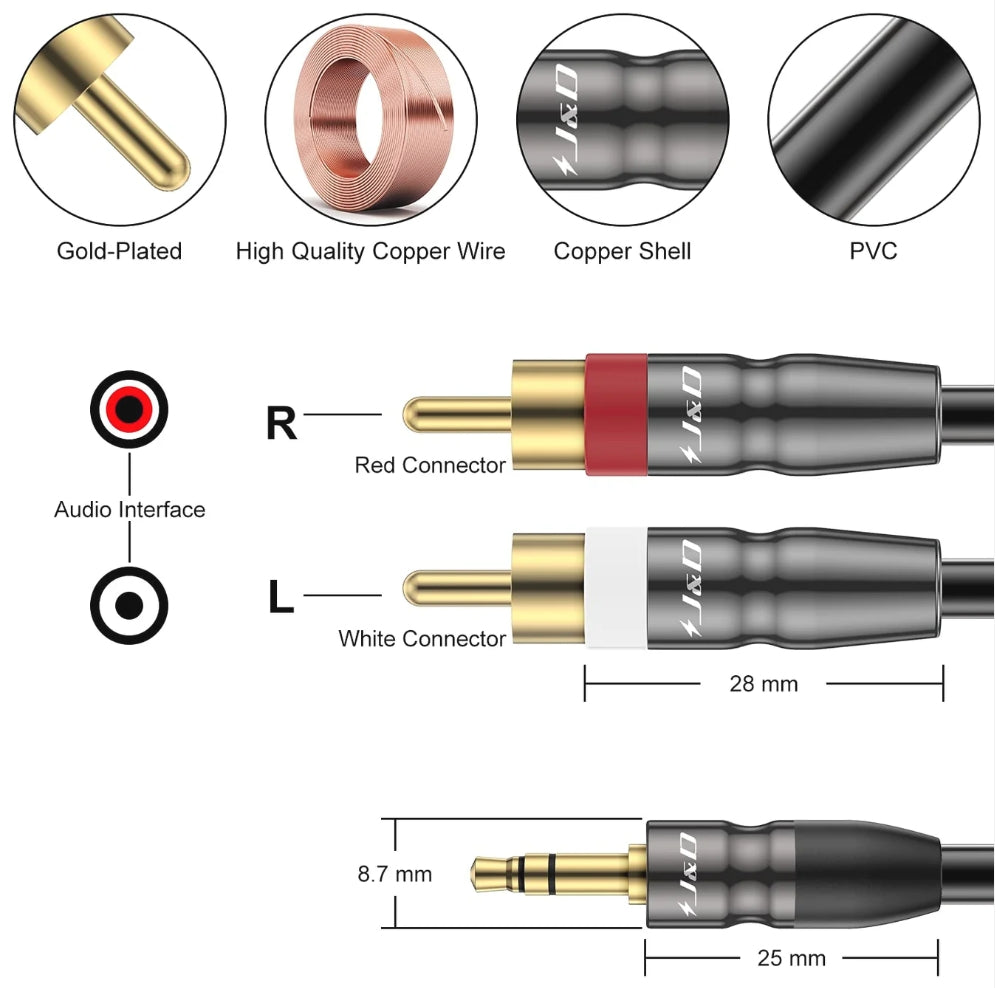 J&D 1/8 inch Male to 2 RCA Male Stereo Audio Cable