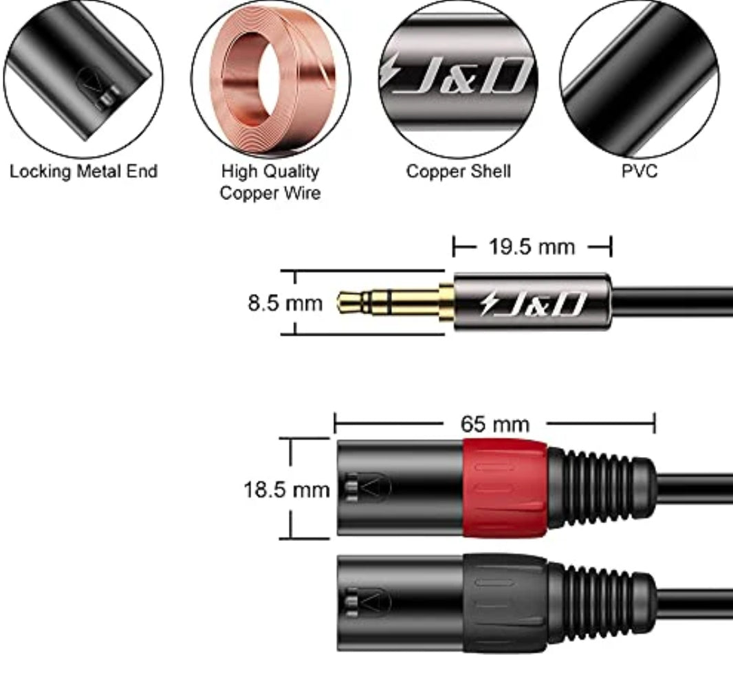 2 XLR Male to 3.5mm 1/8 inch TRS Male Unbalanced Stereo Audio Cable