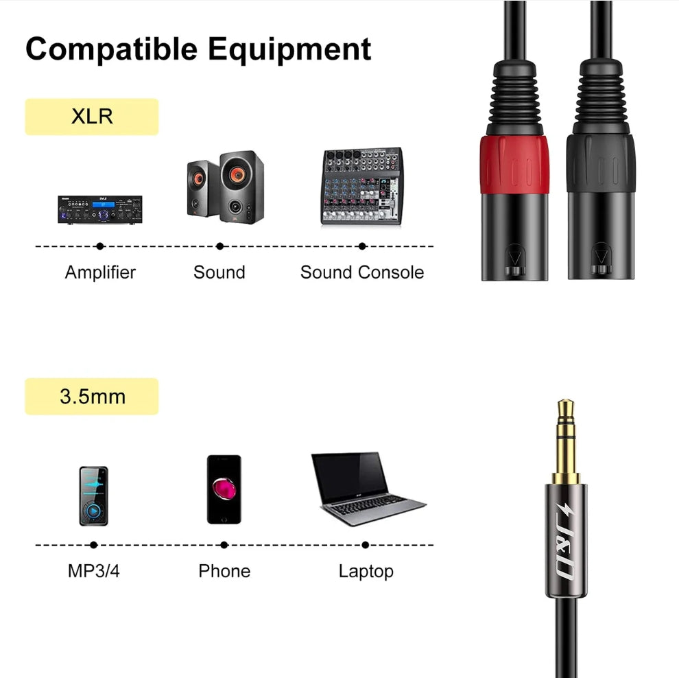2 XLR Male to 3.5mm 1/8 inch TRS Male Unbalanced Stereo Audio Cable