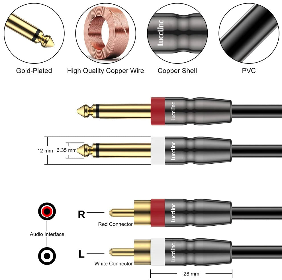 Dual 1/4 inch TS Male to Dual RCA Male Stereo Speaker Cable