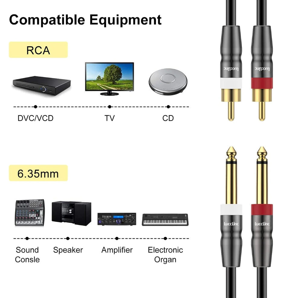 Dual 1/4 inch TS Male to Dual RCA Male Stereo Speaker Cable