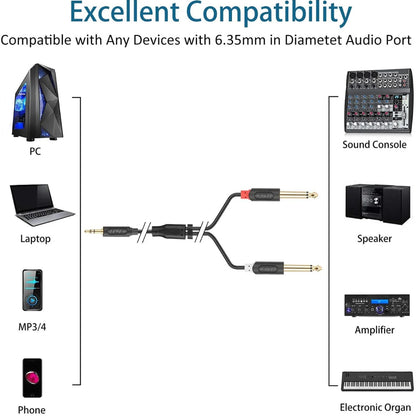3.5 mm TRS Male to Dual 6.35 mm TS Male Audiowave Series Mono Stereo Cable
