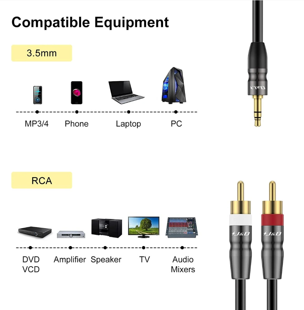 J&D 1/8 inch Male to 2 RCA Male Stereo Audio Cable